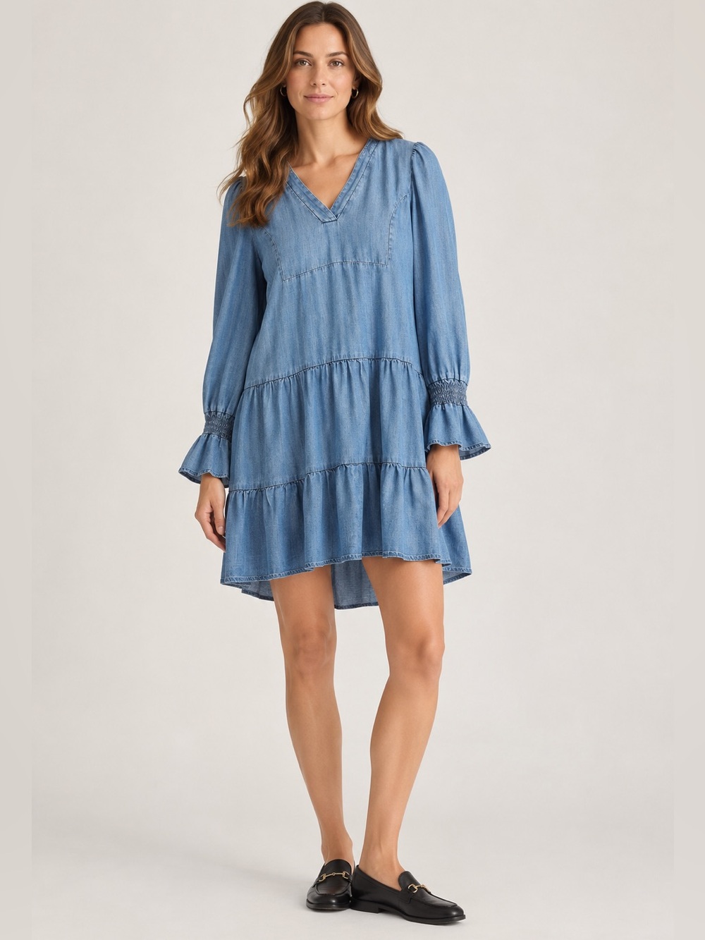 Quince Chambray Tencel Tiered Long Sleeve Mini Dress Medium Indigo Western S